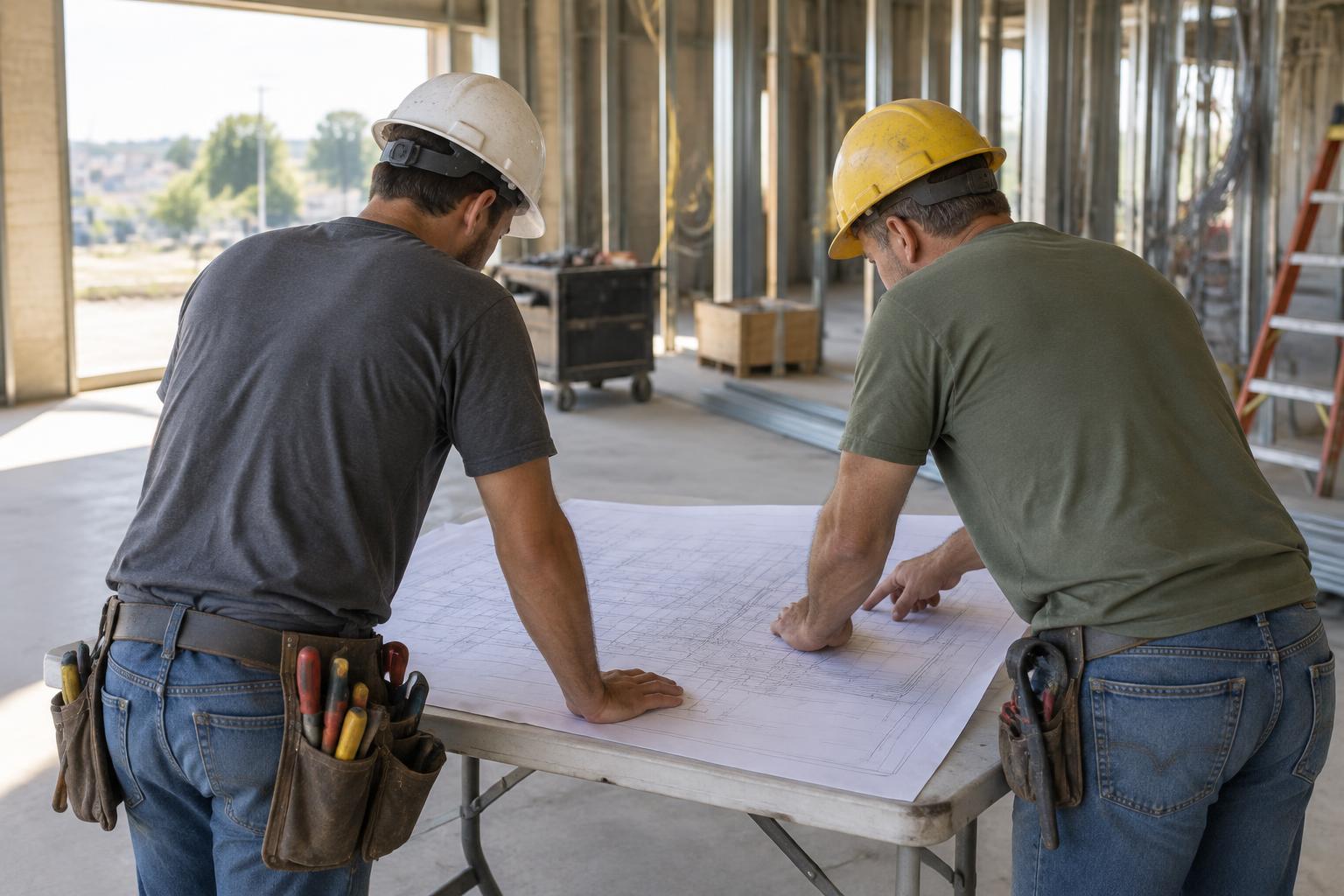 Two electricians reviewing a drawing on a job site