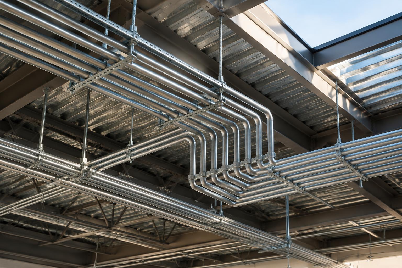 Neatly racked metal conduit runs across an open commercial ceiling