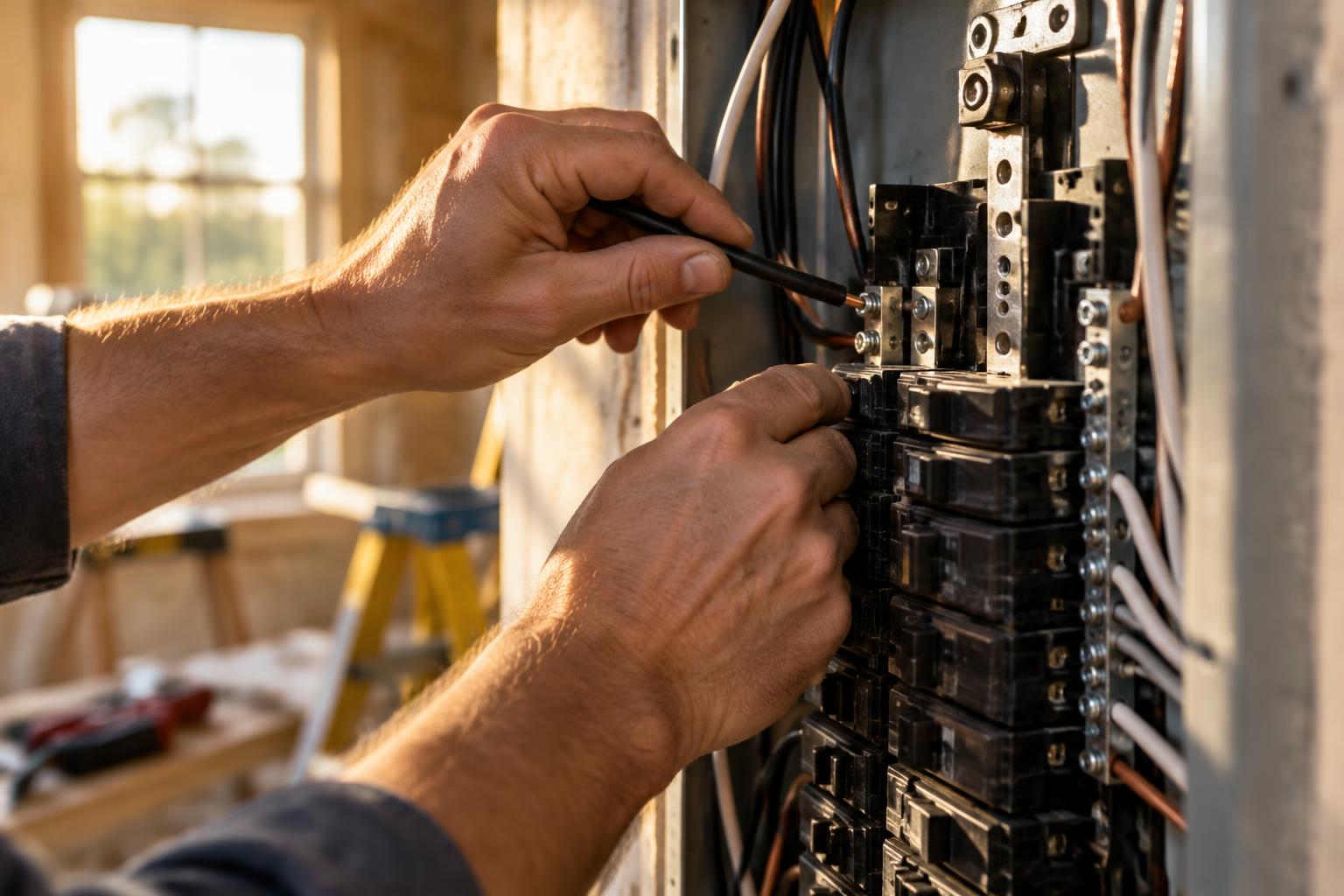 An electrician terminating conductors inside a panel