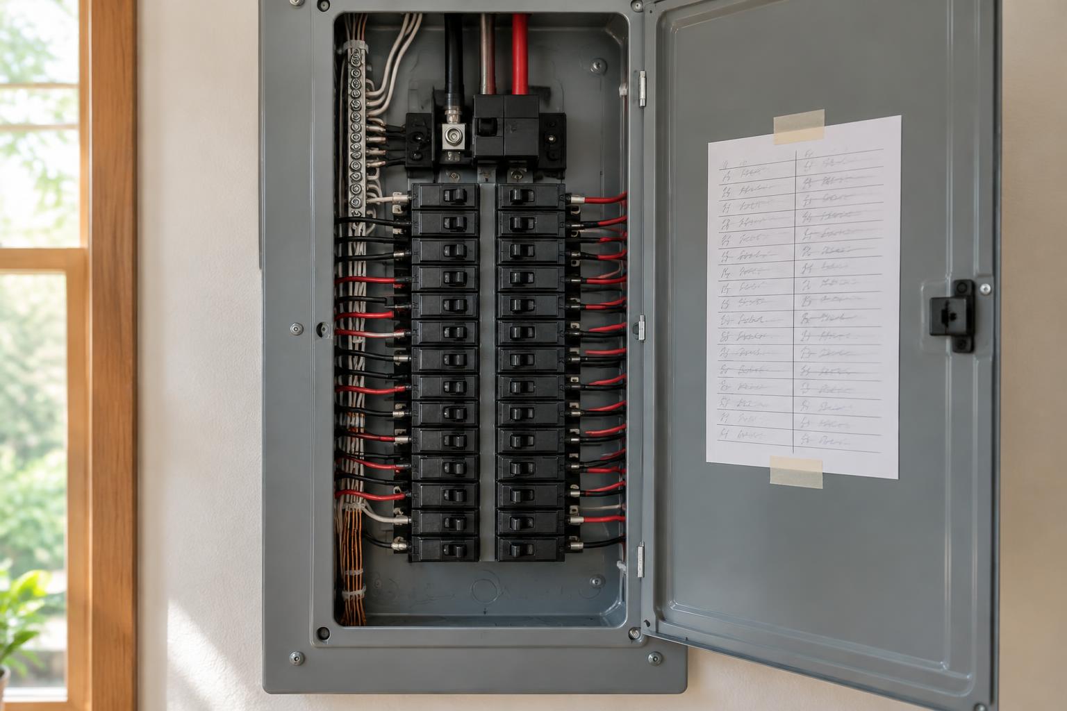 A residential panel with breakers installed and a labeled schedule inside the door