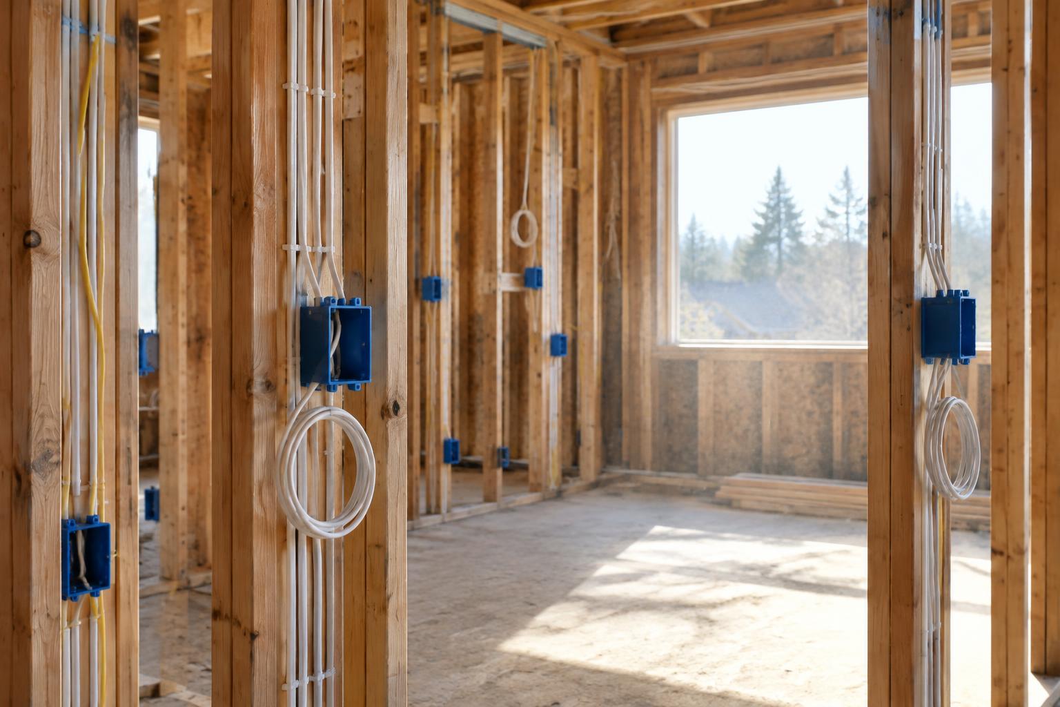 Rough-in wiring run through the open stud walls of a house under construction