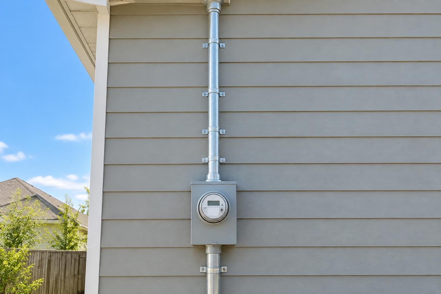 A residential service riser and meter on the exterior wall of a house